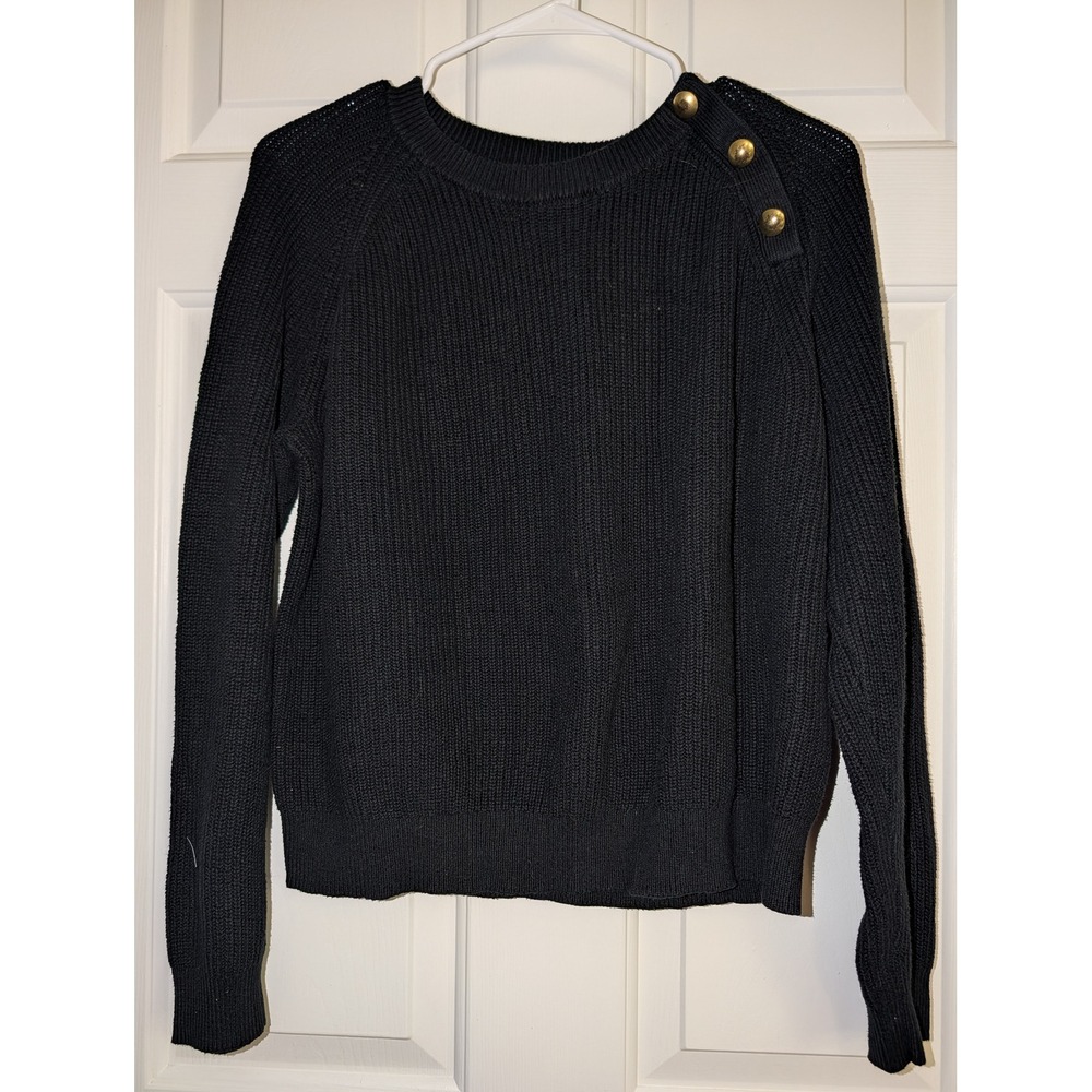 J.Crew Black Ribbed Sweater Gold Shoulder Buttons Size L Preppy